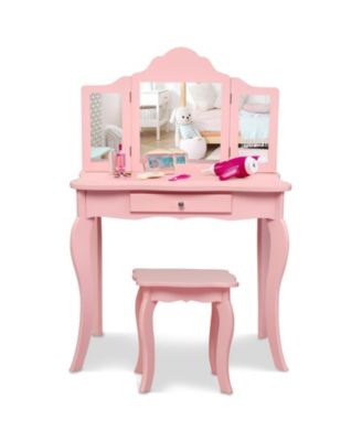 Kids Makeup Dressing Mirror Vanity Table Stool Set