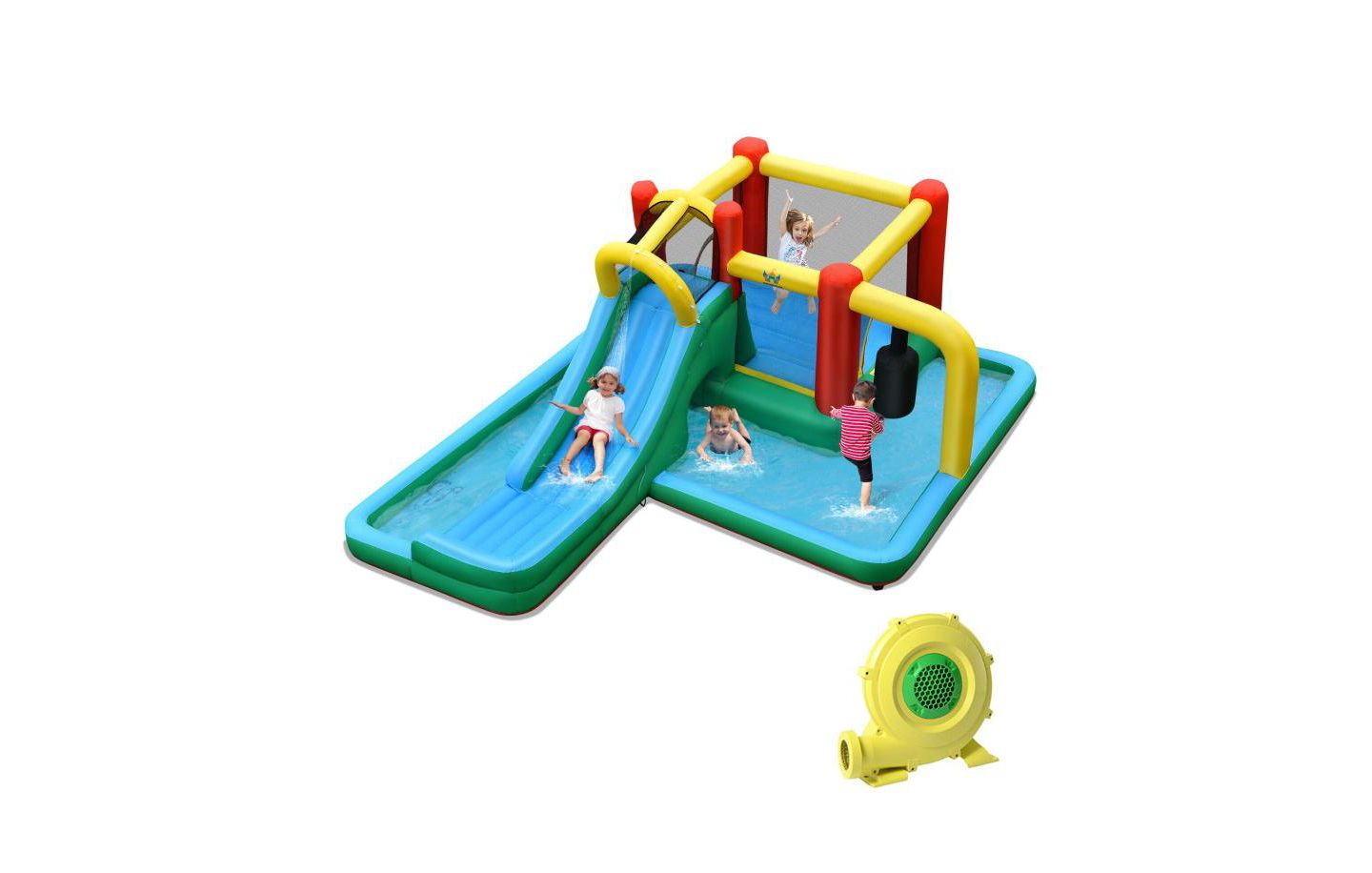 Детская игрушка Slickblue Inflatable Water Slide with Climbing Wall & Bounce House Playset, Accommodates 4 Kids, 3–10 лет, цвет: Синий / Жёлтый — фото 1