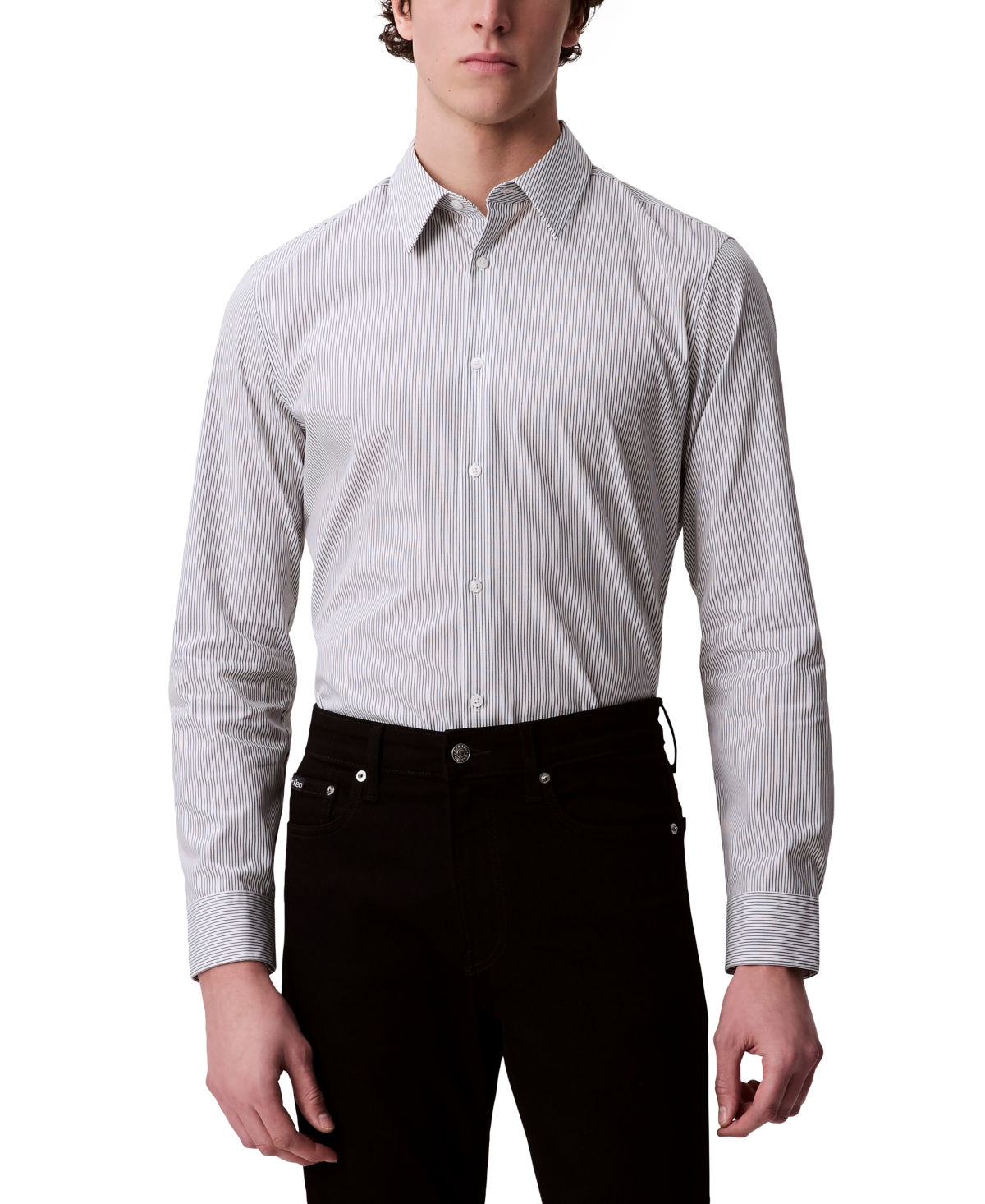 Calvin Klein Men's Stretch Striped Slim-fit Dress Shirt In Brilliant White