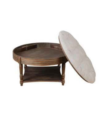  Round Waterproof Ottoman Table Tufted Storage Coffee Table with Shelf