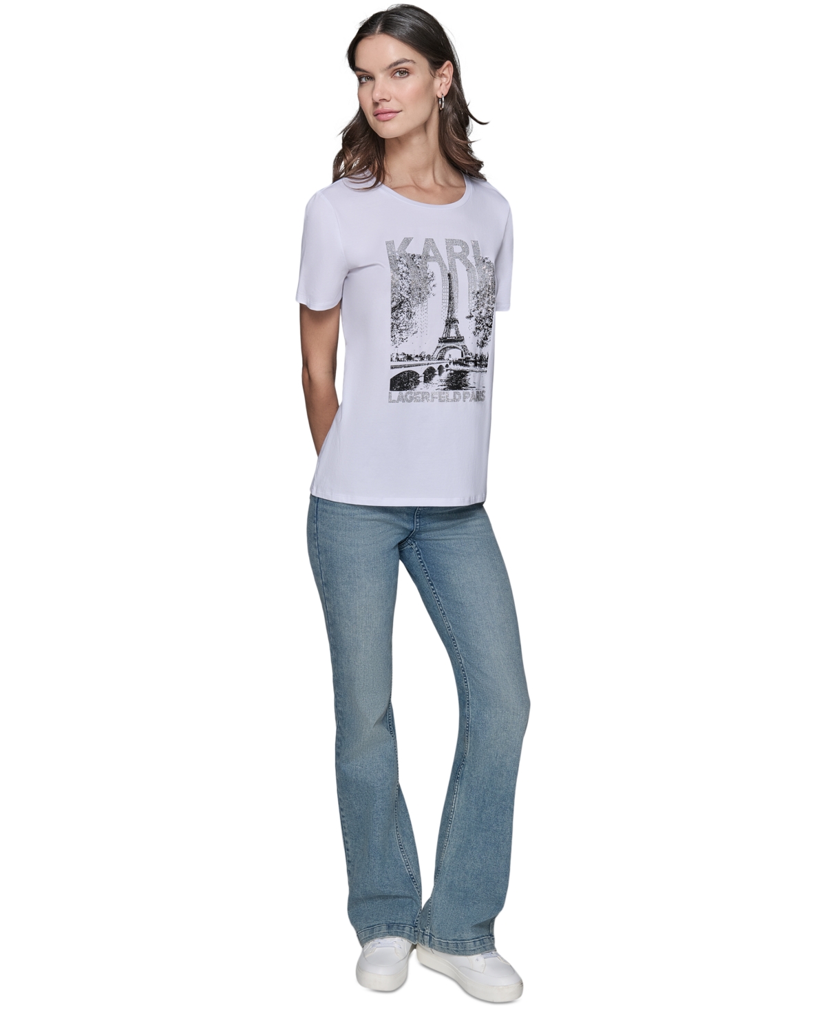Shop Karl Lagerfeld Women's Embellished Paris Scene Graphic T-shirt In White  Silver