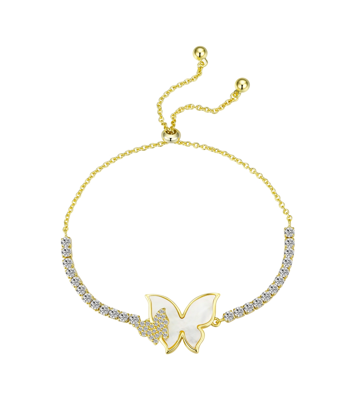 Cubic Zirconia Mother of Pearl Butterfly Bolo Bracelet - Gold