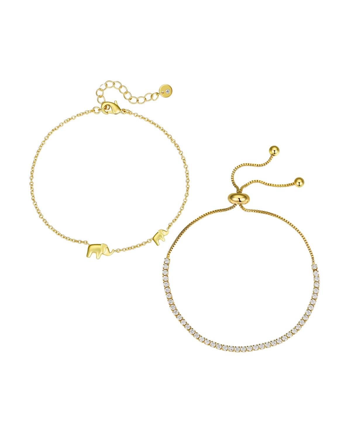 Cubic Zirconia Elephant Bezel Layered Bolo Bracelet Set - Gold