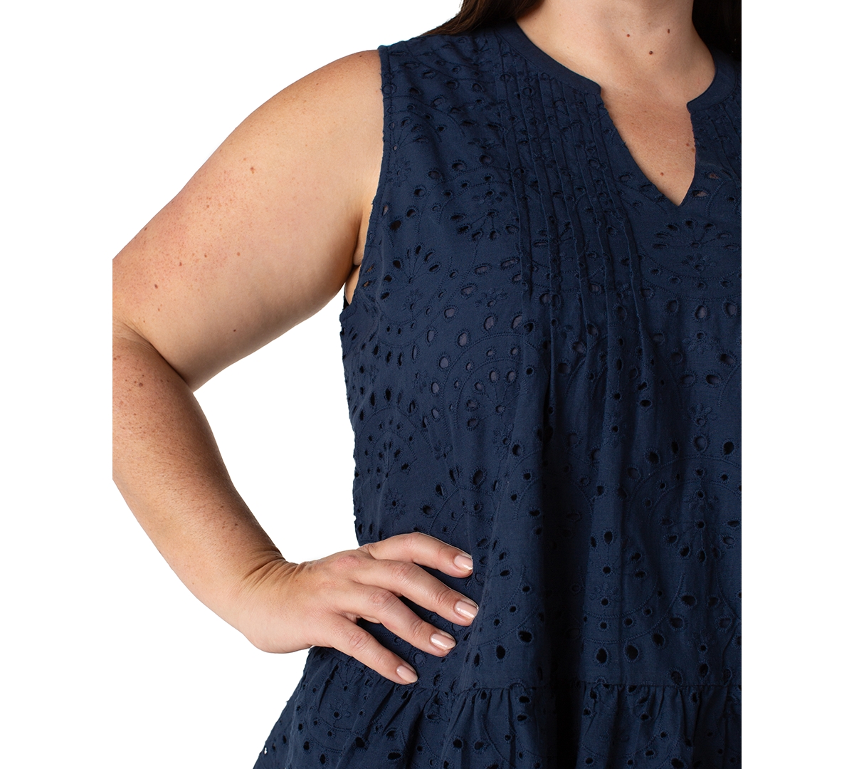 Liverpool Plus Size Cotton Eyelet Sleeveless Blouse In Navy