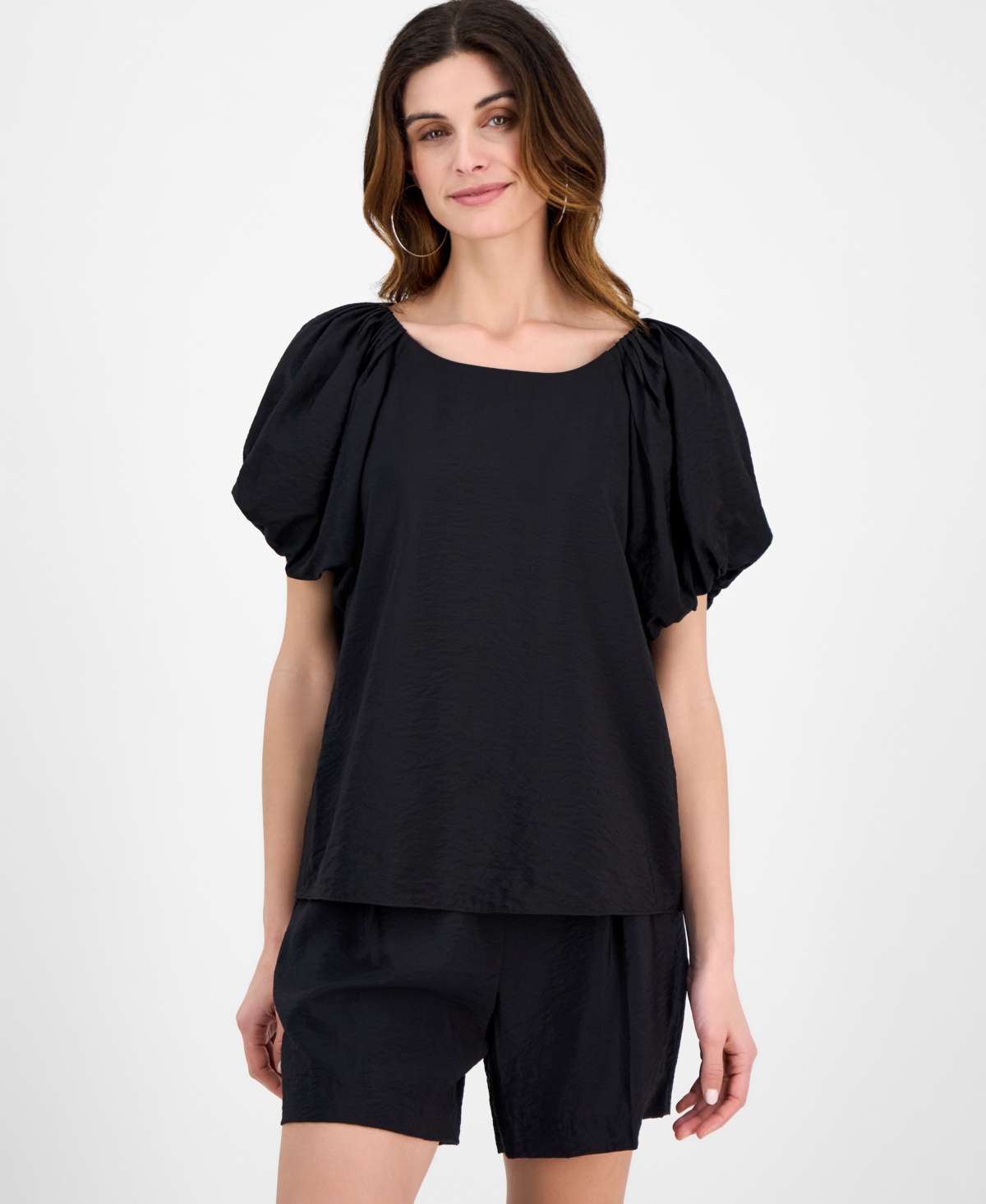 Anne Klein Women's Pleated Bubble-sleeve Blouse In Anne Black
