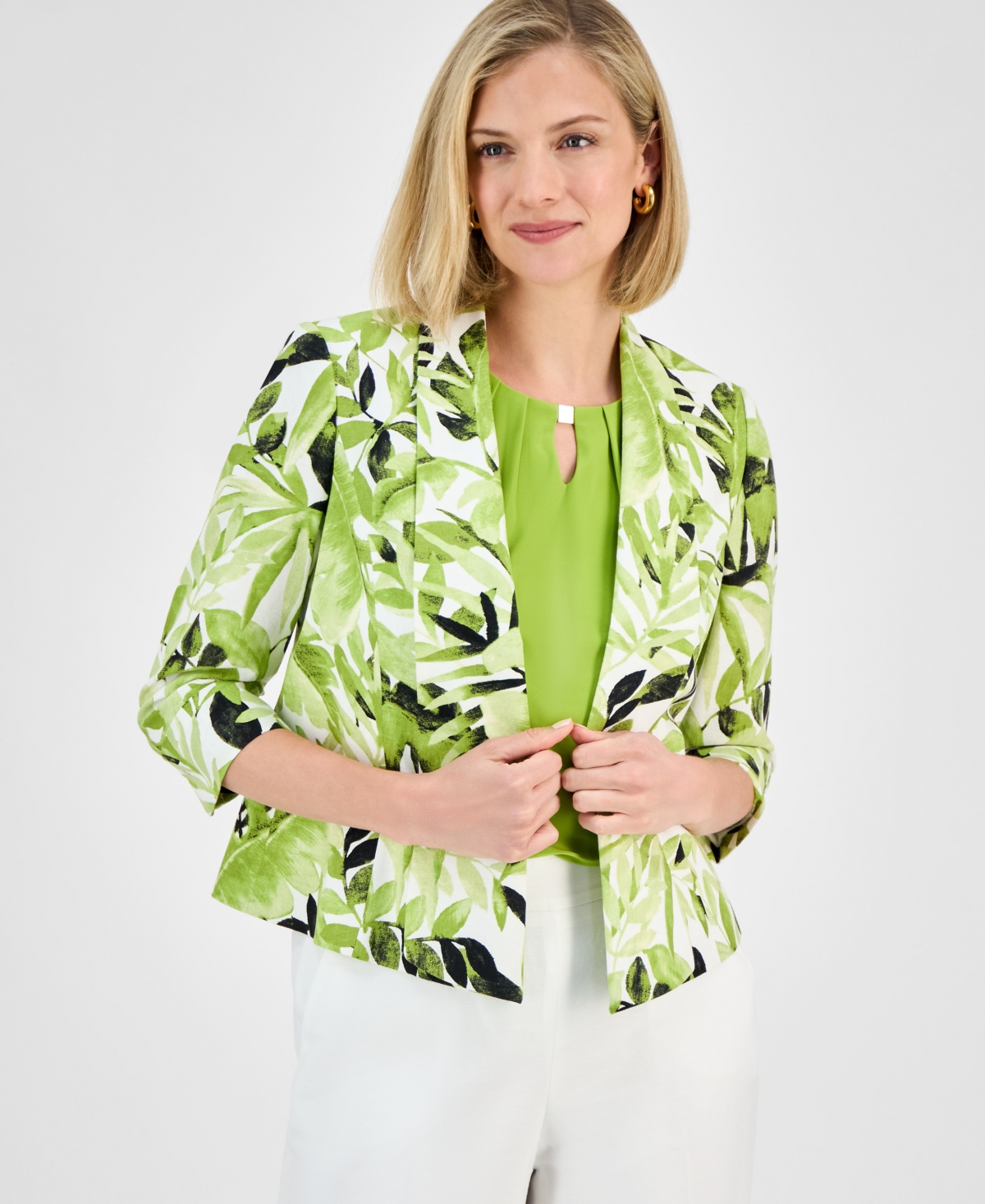 Women's Tropical-Print Linen-Blend Jacket - Kiwi Multi
