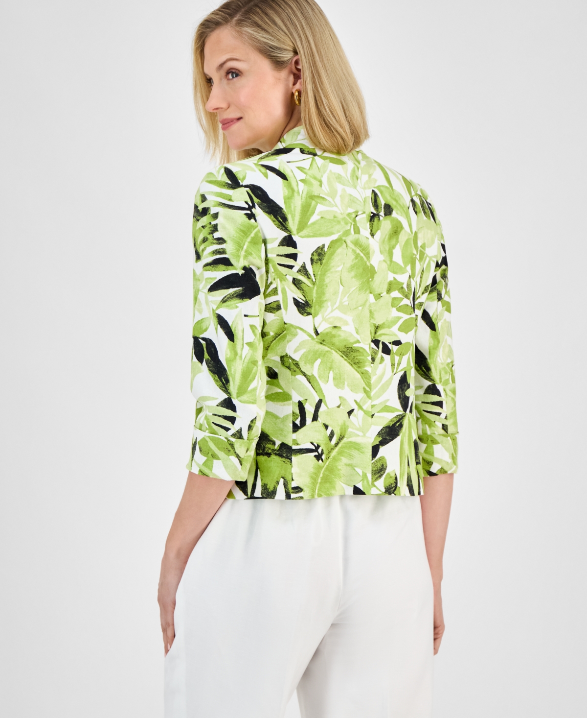 Kasper Fly Away Leaf Print Linen Blend Jacket In Kiwi Multi