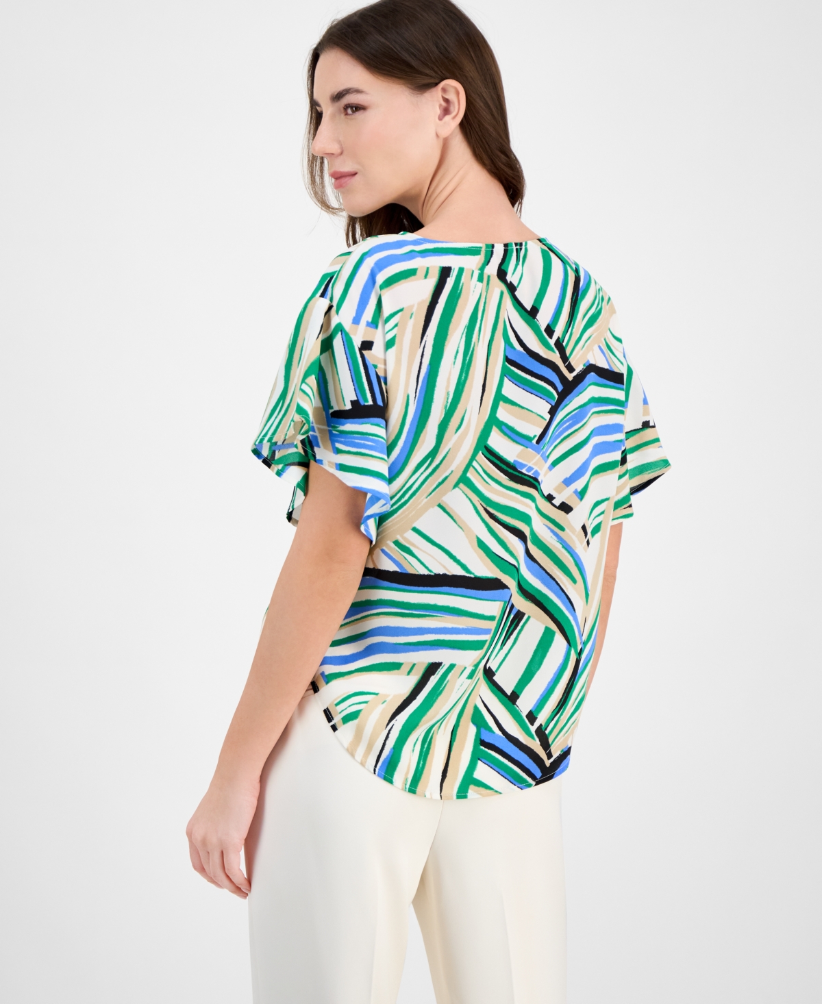 Anne Klein Plus Size Printed Flutter-sleeve Blouse