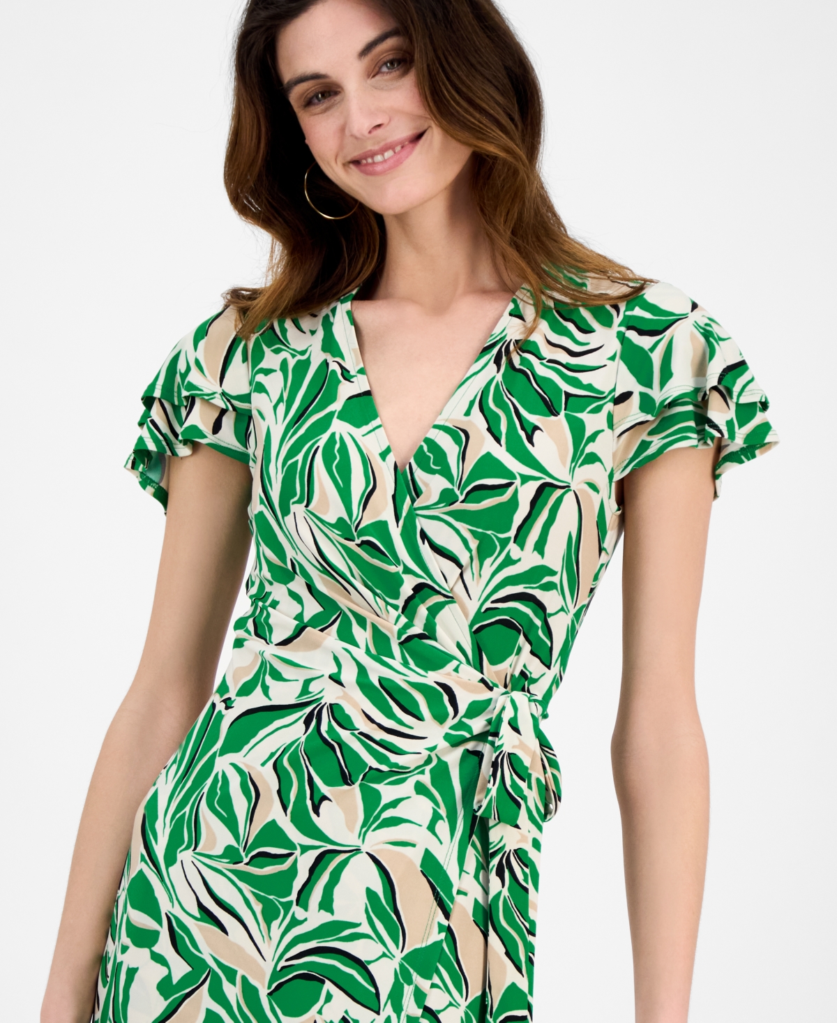 Anne Klein Abstract Print Flutter Sleeve Wrap Dress In White