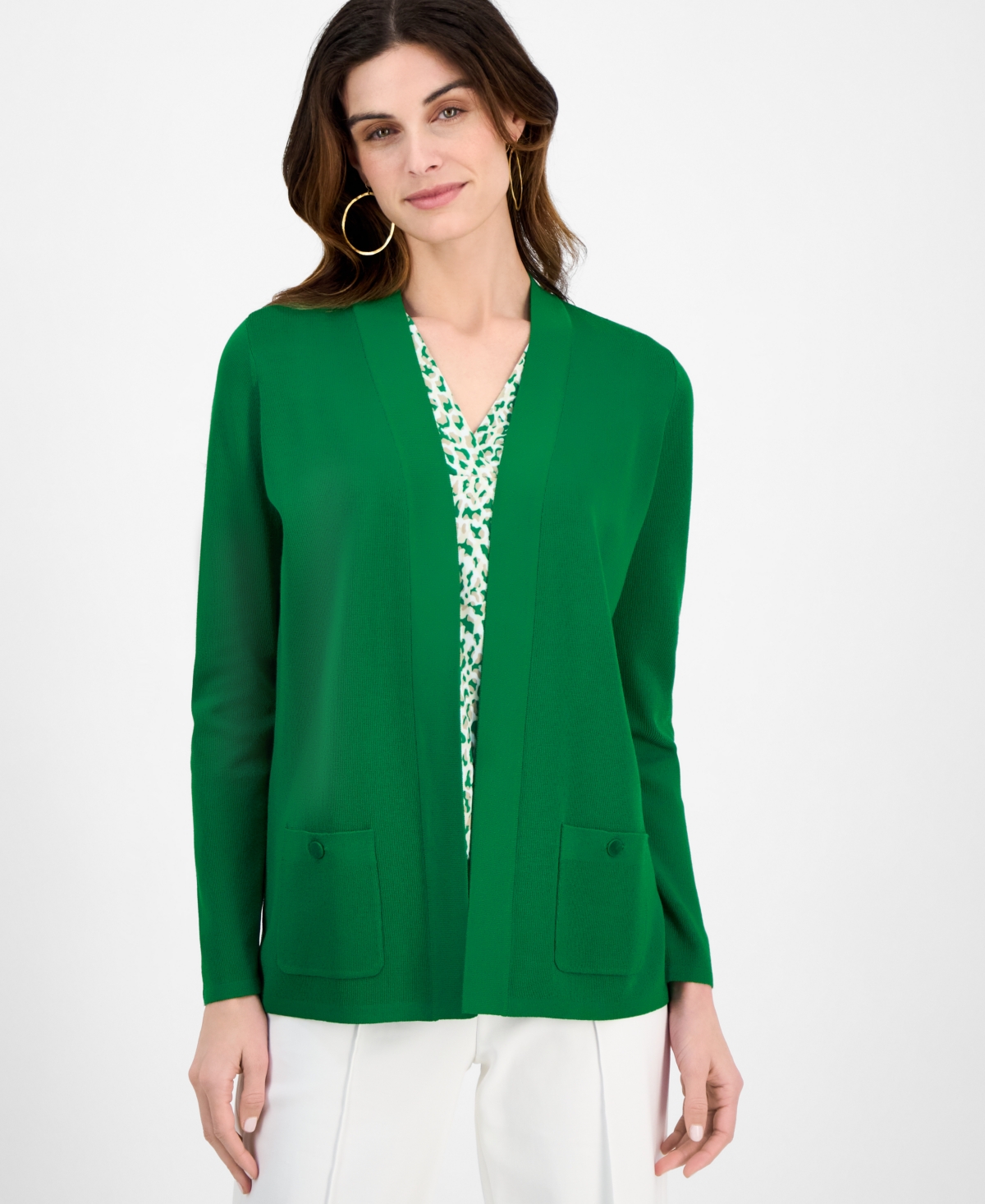 Anne Klein Womens Malibu Fine Rib Open Front Cardigan Xxs P Xxl In Tropical Green
