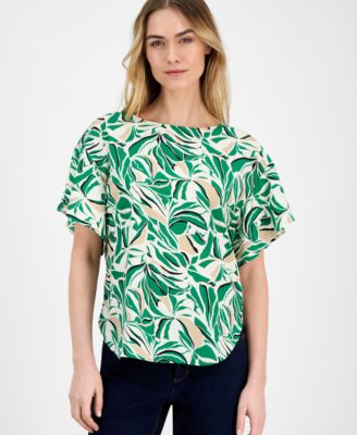 Anne Klein - Women's Printed Boat-Neck Short-Sleeve Top