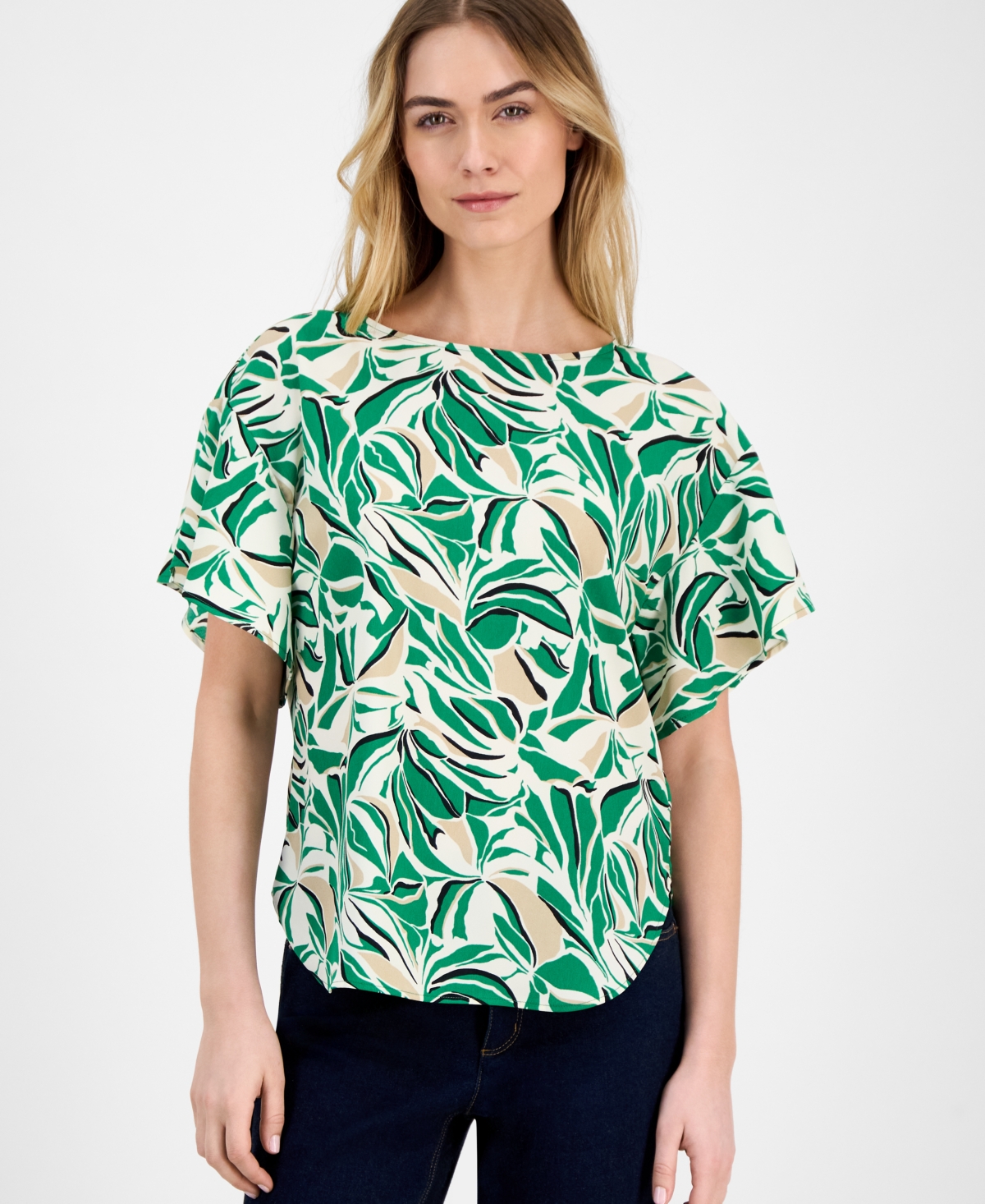 Anne Klein Boat Neck Flutter Sleeve Top In Tropical Green Multi