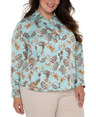Liverpool Plus Size Floral-Print Woven Button Blouse