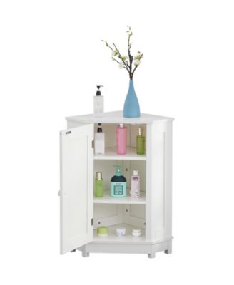 White Bathroom Cabinet Triangle Corner Storage Cabinet with Adjustable Shelf Modern Style MDF Board