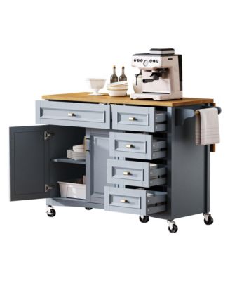  52" Kitchen Island with Drop Leaf, Spice Rack, Towel Rack, Storage Doors and Drawers, Adjustable Shelf