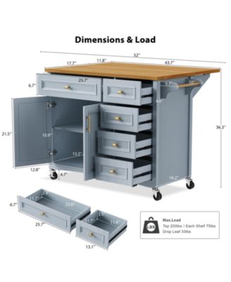  52" Kitchen Island with Drop Leaf, Spice Rack, Towel Rack, Storage Doors and Drawers, Adjustable Shelf