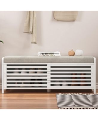 Streamdale Distressed Shutter Storage Bench with Acacia Veneer for Retro Charm for Living Room, Entryway (White)