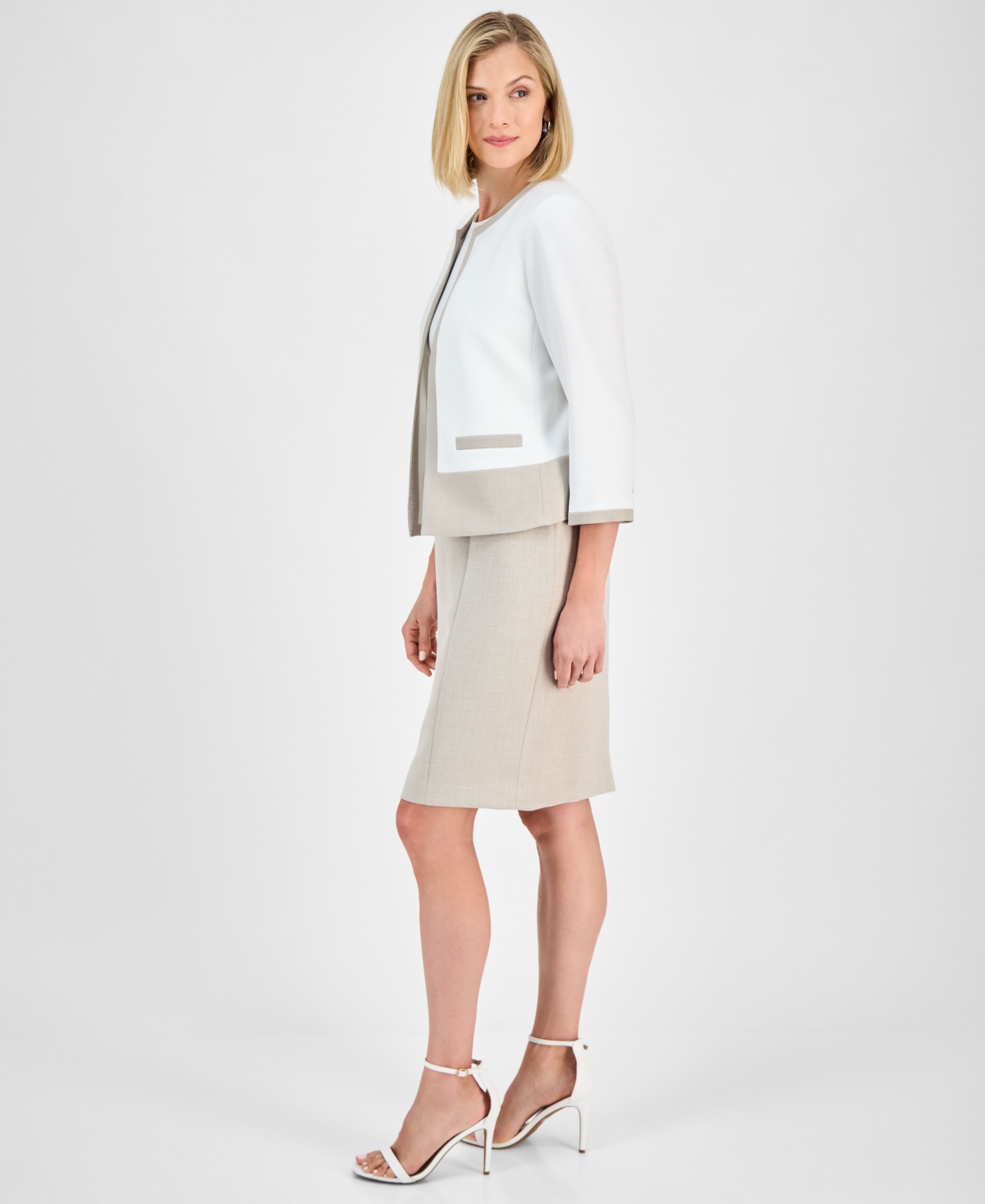 Kasper Womens Colorblocked Open Front Jacket Sheath Dress In Lily White,summer Straw