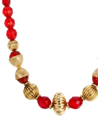 14K Gold Dipped Red Glass Gold Bead Necklace