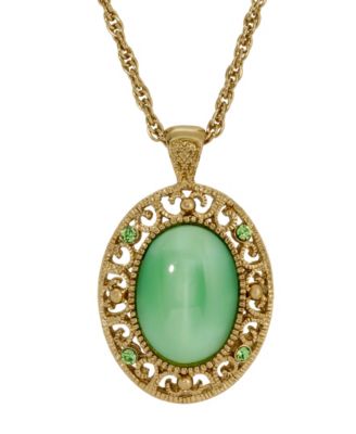 Gold Tone Green Moonstone Crystal Oval Pendant Necklace