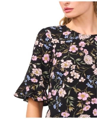 Women's Floral Crewneck 3/4-Sleeve Ruffled Cuff Blouse