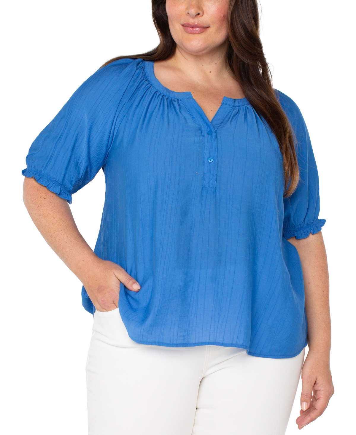 LIVERPOOL LOS ANGELES LIVERPOOL PLUS SIZE WOVEN SPLIT-NECK PUFF-SLEEVE BLOUSE 
