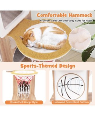 Cat Tree with 2-Story Condo, Basketball Hoop & Hammock Fun Multi-Level Play Tower for Cats