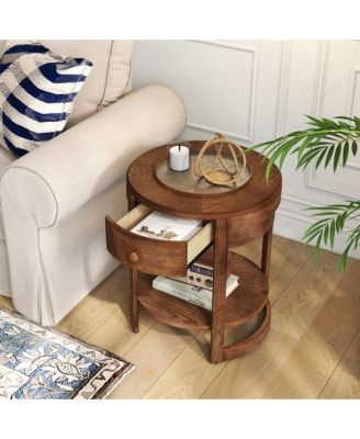 2-Piece Wood Nightstand Set with Shelf and Wood Grain Drawer – Round End Table for Living Room