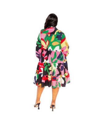 Plus Size Floral Long Sleeve Tiered Shirt Dress