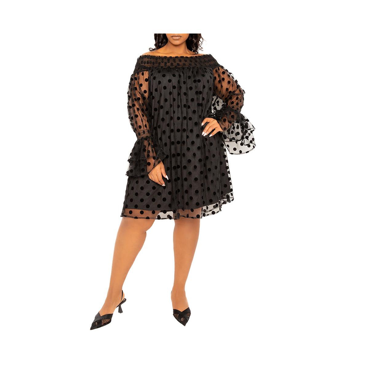 Women's Plus Size Off Shoulder Polka Dot Dress - Ivory
