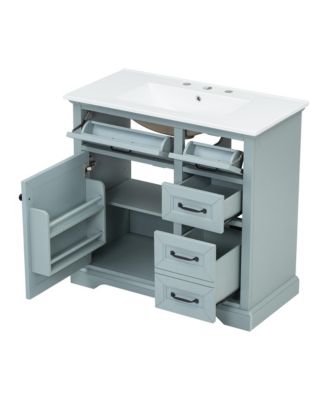 36" Rubberwood & MDF Tip-Out Drawers & Soft-Close Doors Bathroom Vanity with Ceramic Sink