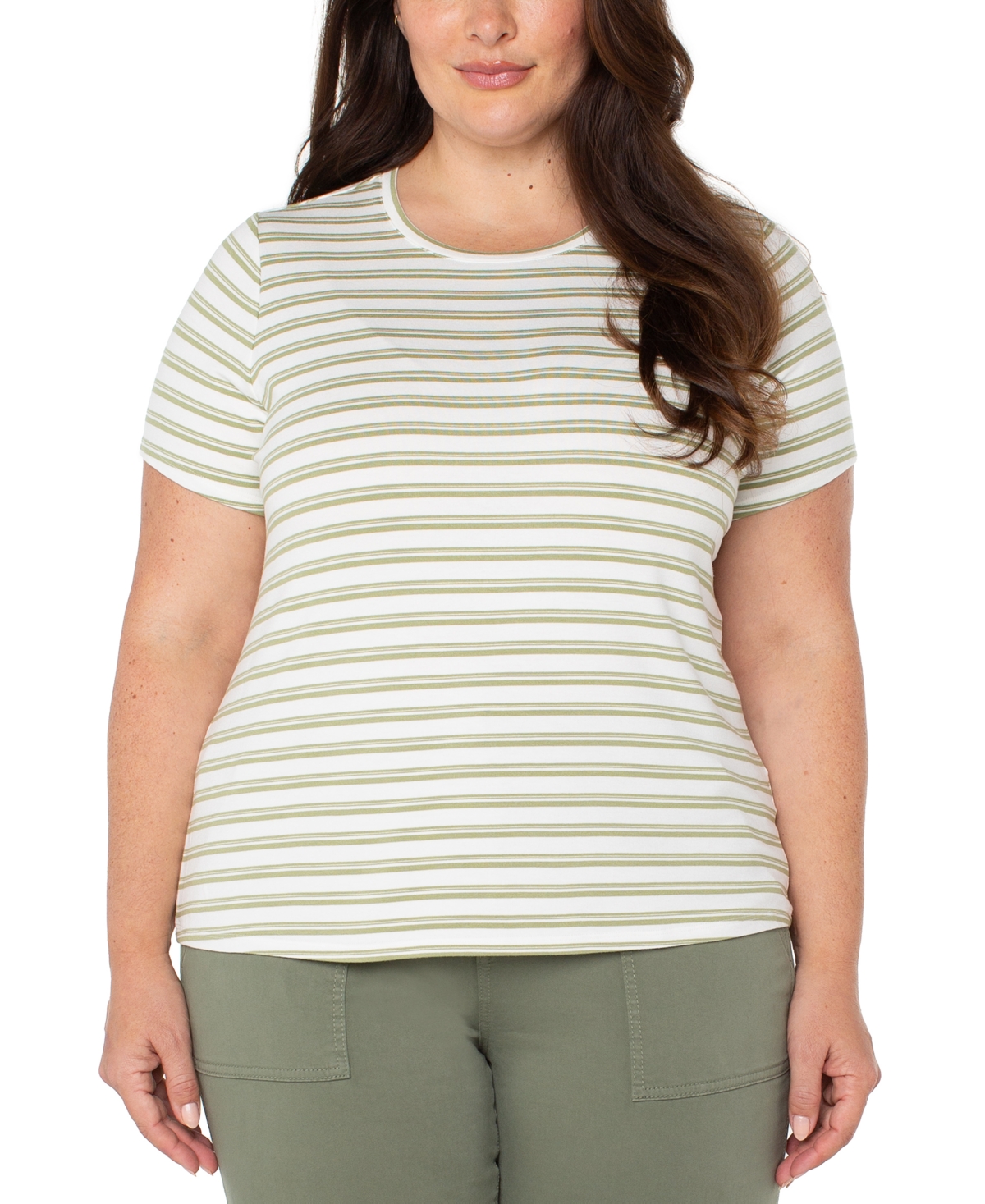 Liverpool Plus Size Striped Crewneck Classic T-shirt In Whipped Cream,lotus