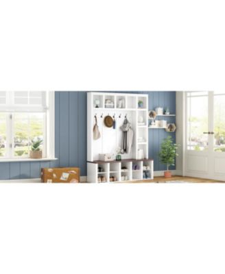 Streamdale Farmhouse Hall Tree with 6 Hooks, Adjustable Shelves, Shoe Cabinet, Mudroom Storage, 76.7