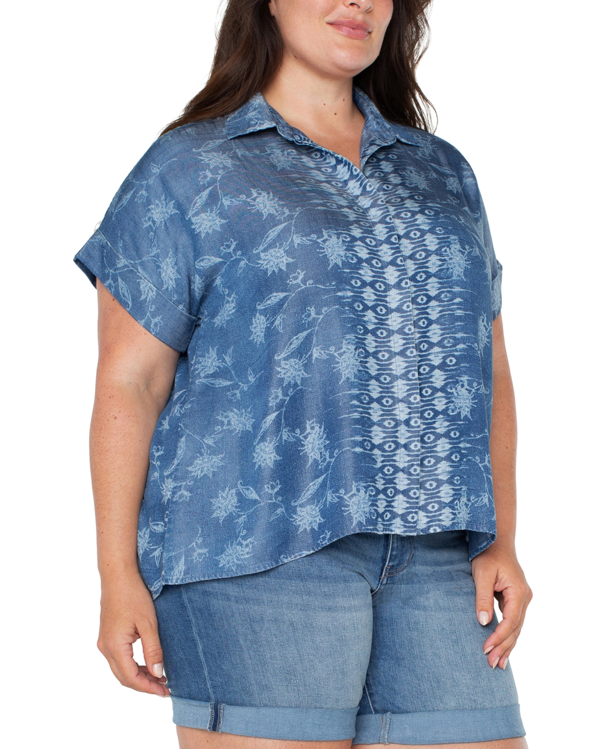 Liverpool Los Angeles Liverpool Plus Size Printed High-low Camp Shirt In Blue