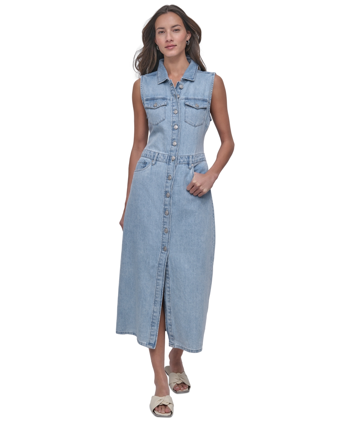 Women's Button-Front Sleeveless Midi Denim Dress - Kyo - Crosby