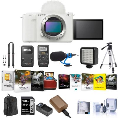 ZV-E1 Full Frame Mirrorless Vlog Camera, White - Bundle with Backpack, 128GB SD Card, Extra Battery, Dual Charger, Cleaning Kit