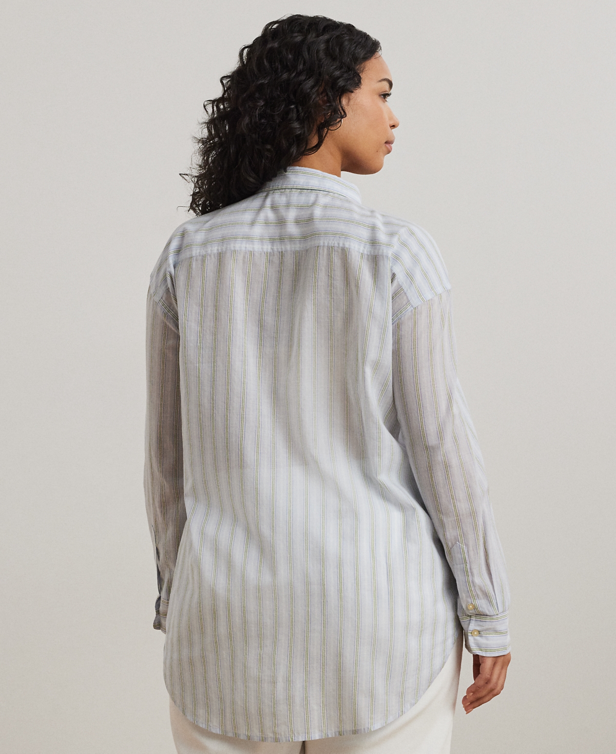 Ralph Lauren Plus Size Oversize Striped Cotton Voile Shirt In Light Blue Pink Multi