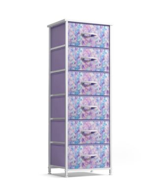 Narrow 6 Drawers Nightstand with Steel Frame, Wood Top, Easy Pull Fabric Bins