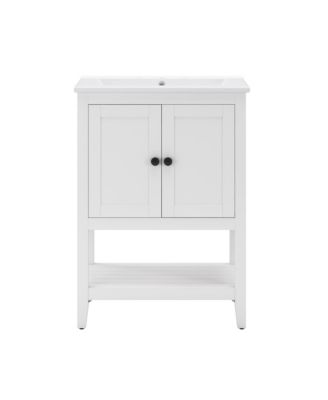 24" White Bathroom Vanity with Elegant Ceramic Sink, Solid Wood Frame & Open Shelf
