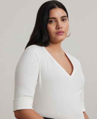 Plus Size Stretch Cotton Elbow-Sleeve V-Neck Tee