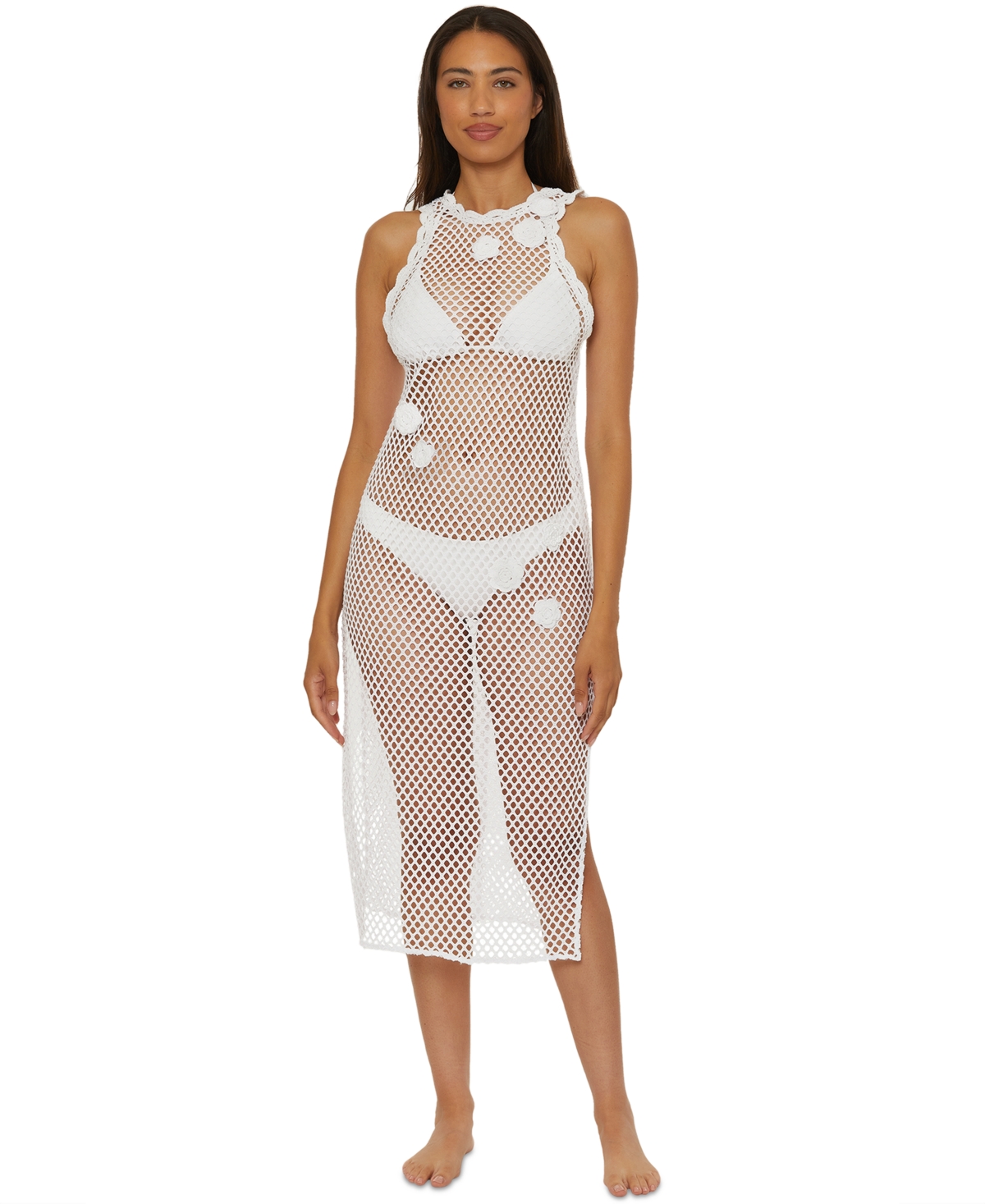 Shop Becca Women's Castaway Island Fishnet Flower-applique Cover-up Dress In White