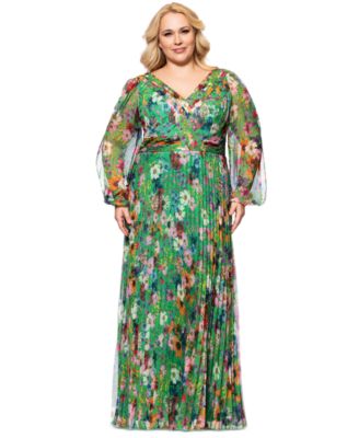 Betsy & Adam - Plus Size Printed Pleated Long-Sleeve Gown