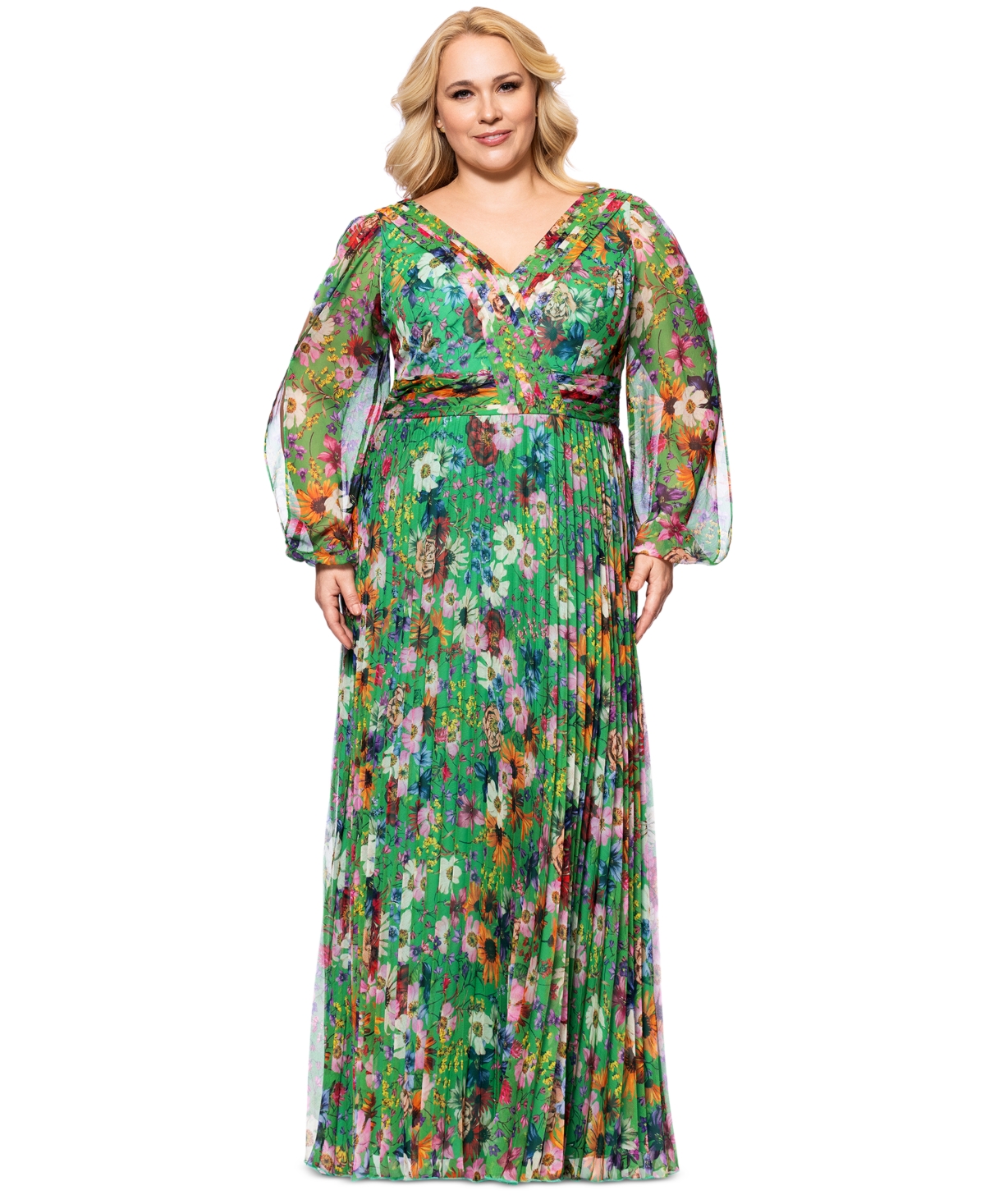 Plus Size Printed Pleated Long-Sleeve Gown - Green