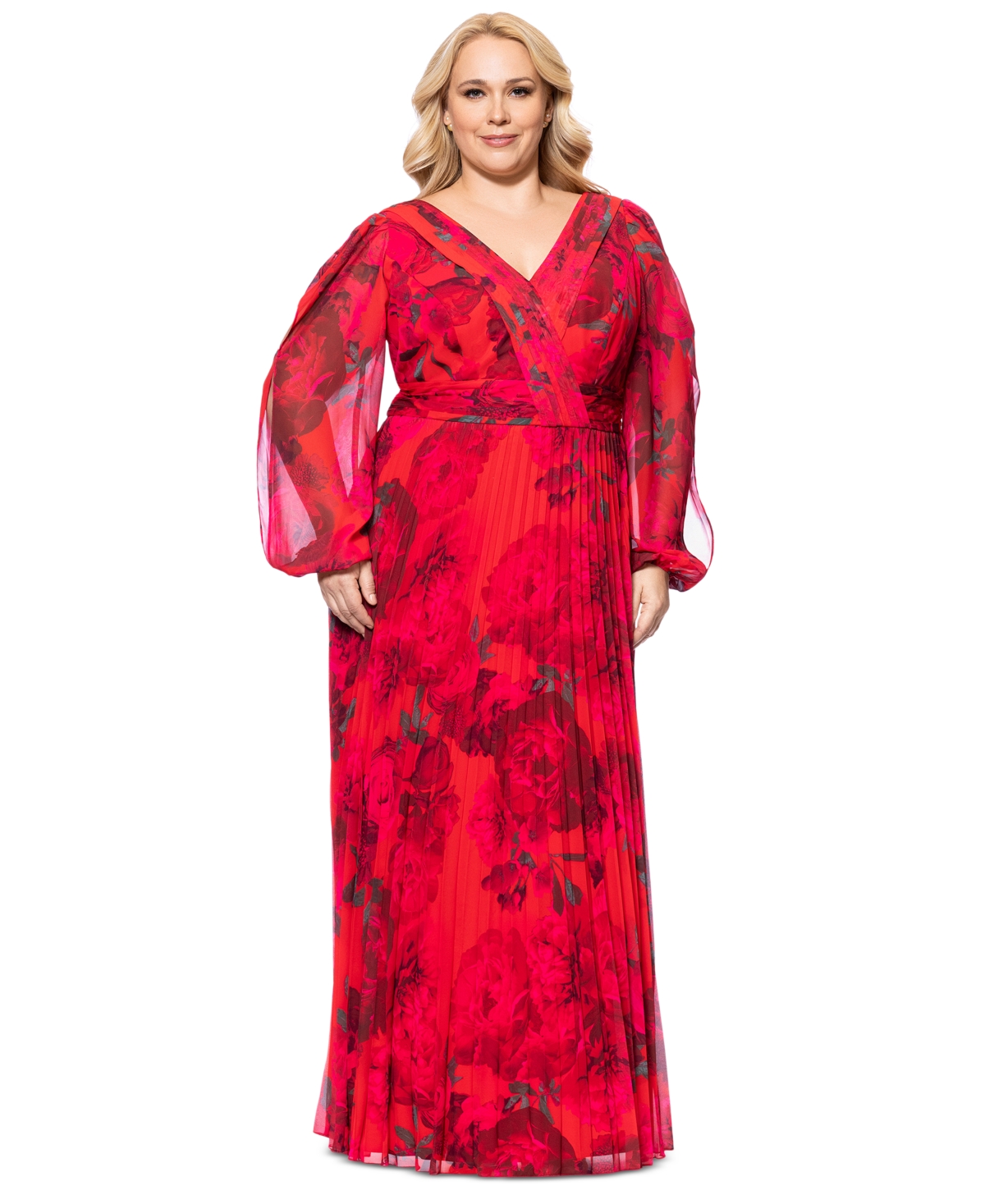 Betsy & Adam Plus Size Printed Pleated Long-sleeve Gown