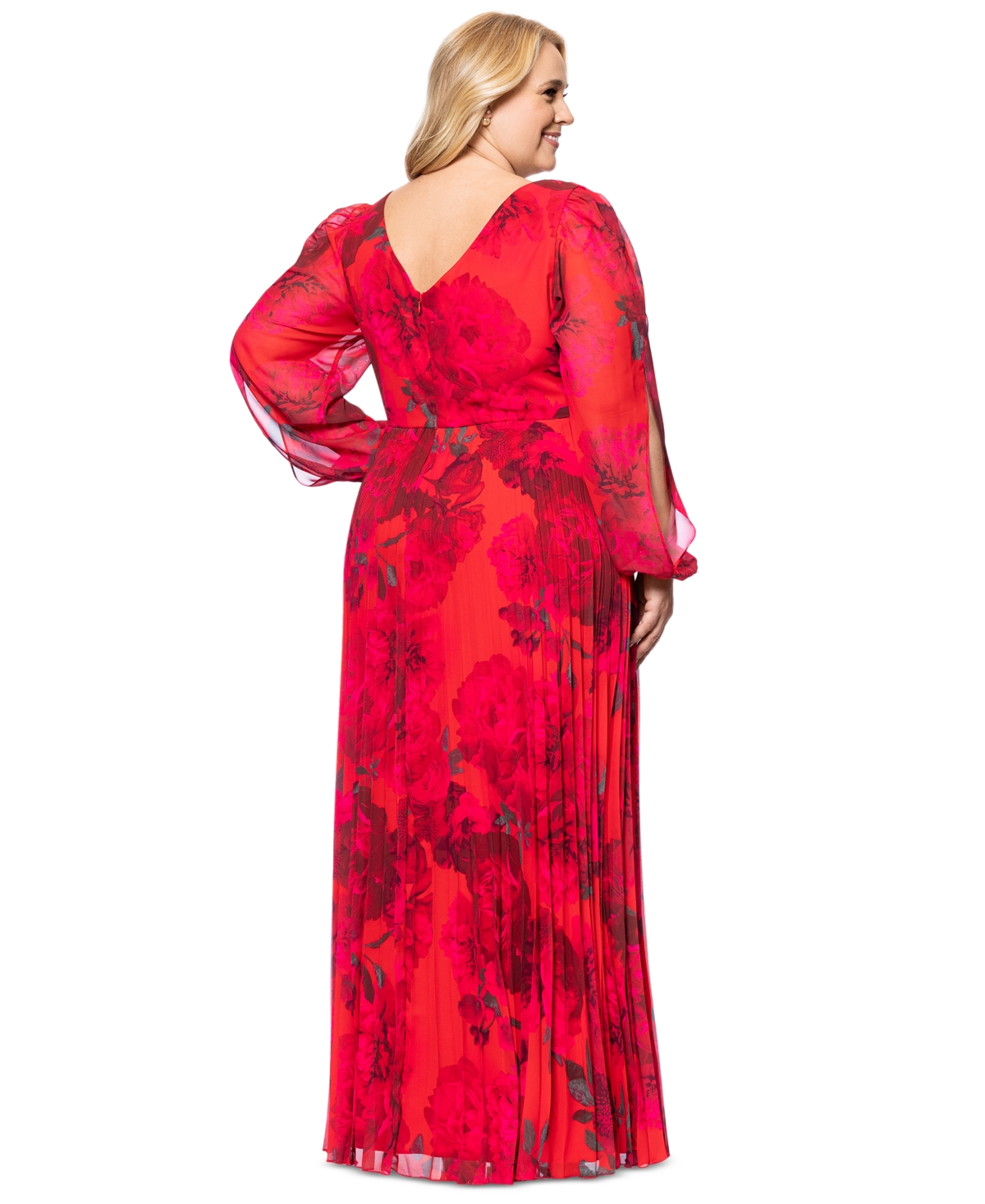 Betsy & Adam Plus Size Printed Pleated Long-sleeve Gown In Red,fuchsia