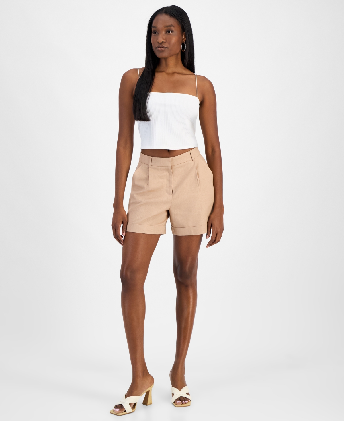 Women's Cuffed Linen-Blend Pleat-Front Shorts, Exclusively at Macy's - Barley Field