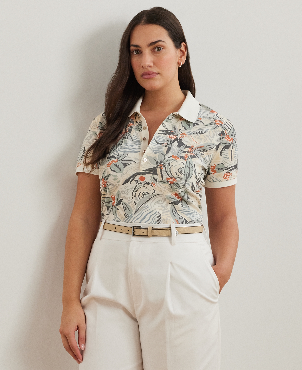 Shop Ralph Lauren Plus Size Print Stretch Pique Polo Shirt In Cream Multi