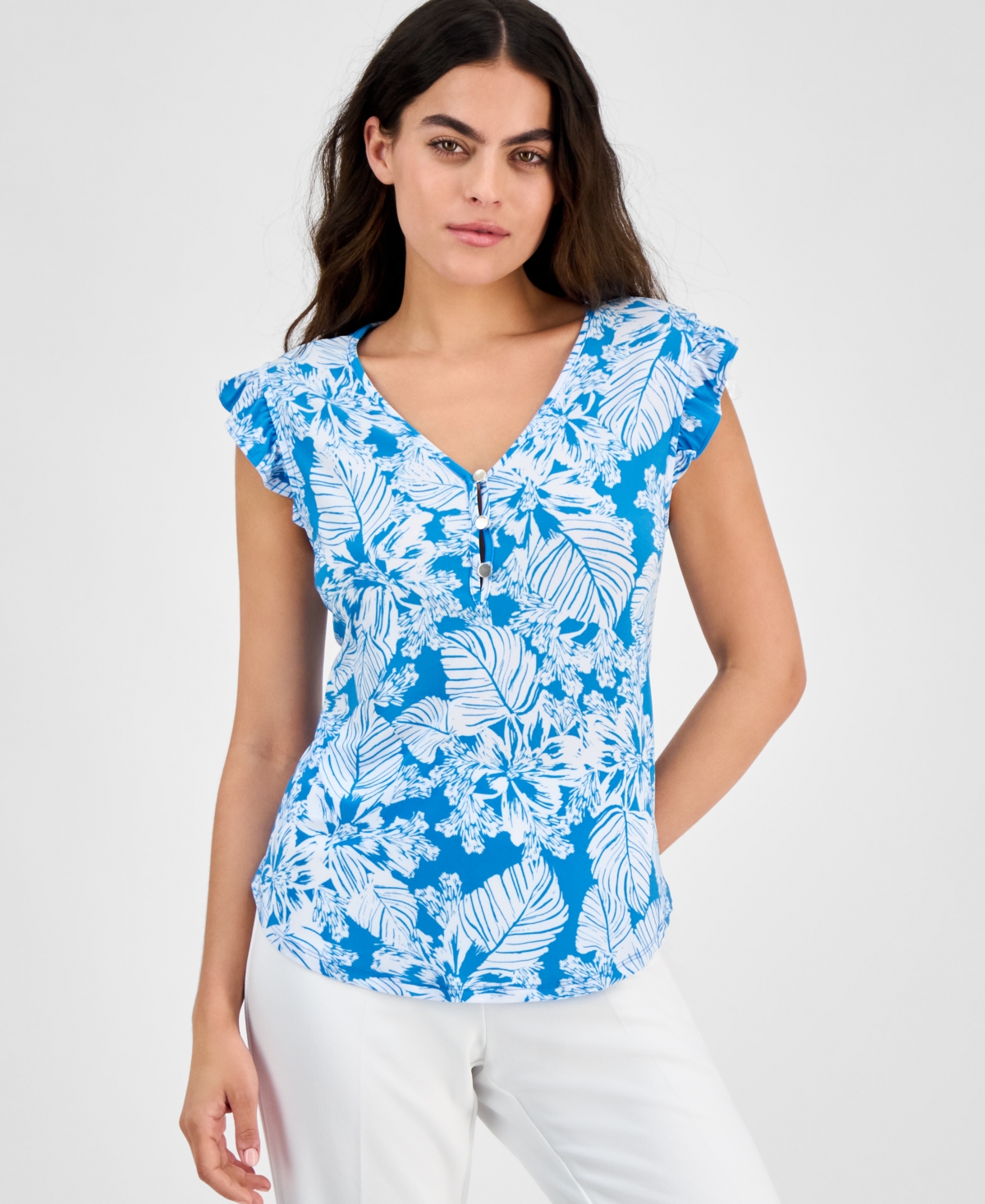 Shop Ak Anne Klein Petite Printed V-neck Ruffle-sleeve Blouse