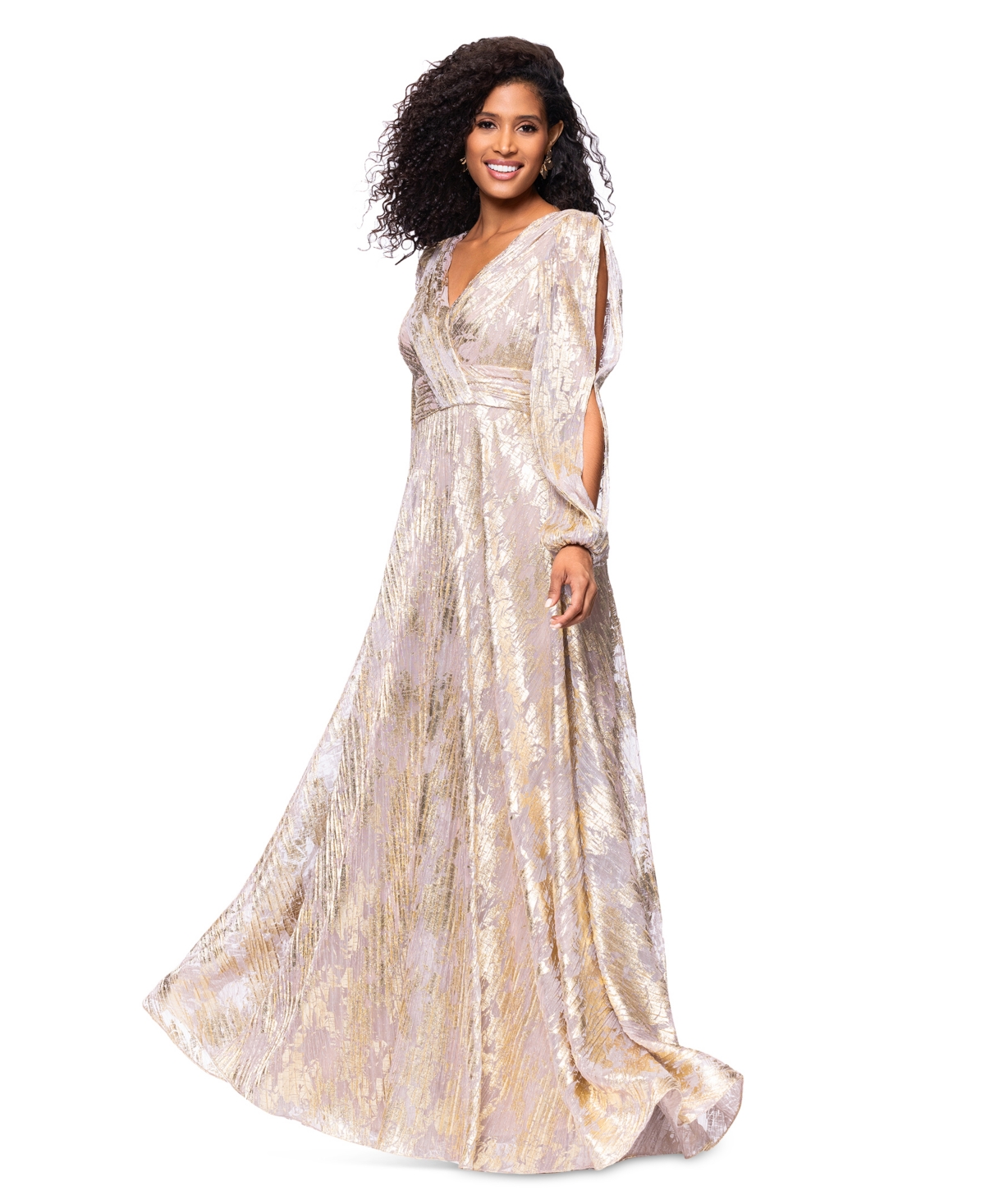 BETSY & ADAM WOMEN'S METALLIC CRINKLED BLOUSON-SLEEVE GOWN 