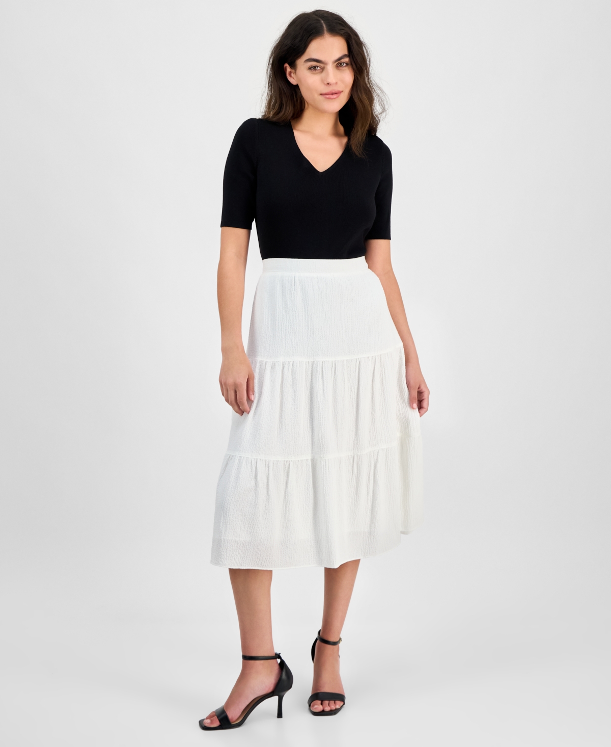 Petite Textured Three-Tiered Pull-On Midi Skirt - Bright White